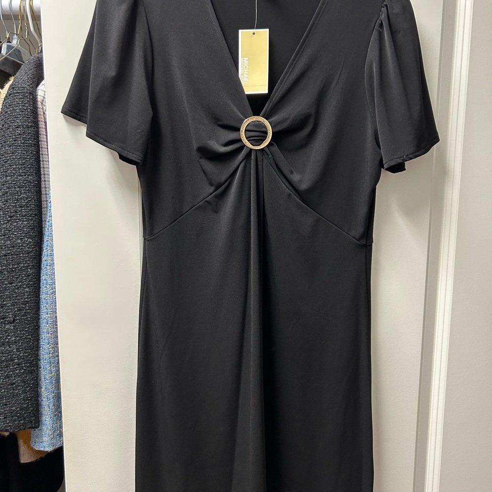 Michael Kors Black Midi Dress with Ring Accent